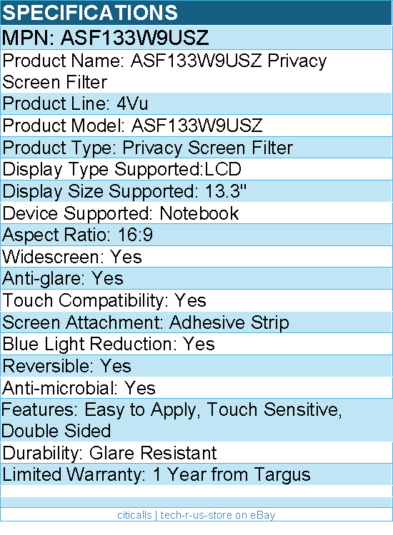 Targus ASF133W9USZ Privacy Screen Filter - Easy to Apply, Touch Sensitive