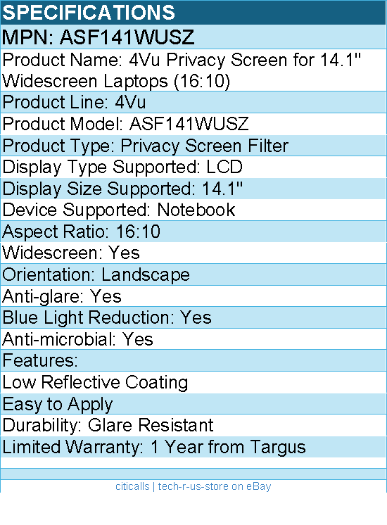 Targus ASF141WUSZ Privacy Screen Filter - TAA Compliant - Easy to Apply