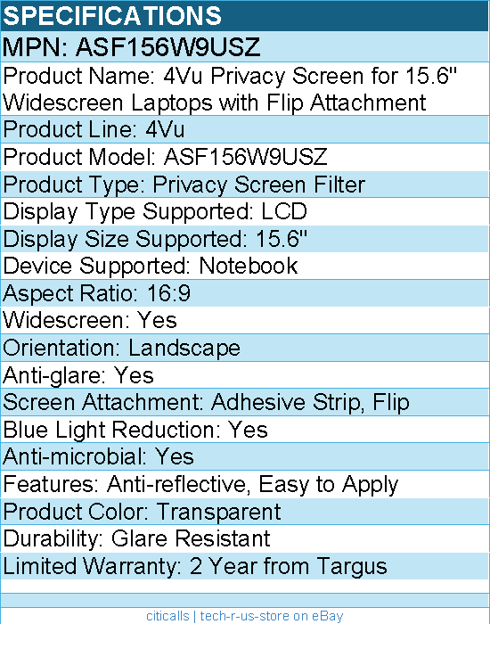Targus ASF156W9USZ Privacy Screen Filter for Widescreen Notebook - TAA Compliant