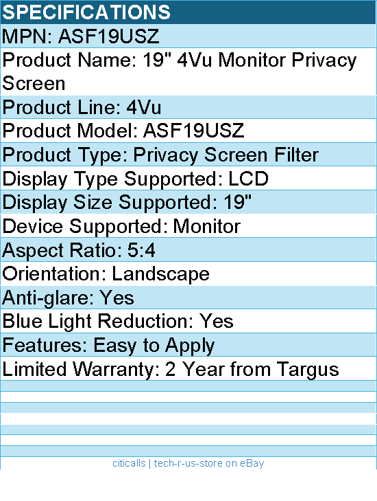 Targus ASF19USZ 19" 4Vu Monitor Privacy Screen - Easy to Apply