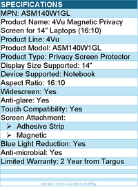 Targus ASM140W1GL 4Vu Magnetic Privacy Screen for 14" Laptops (16:10)