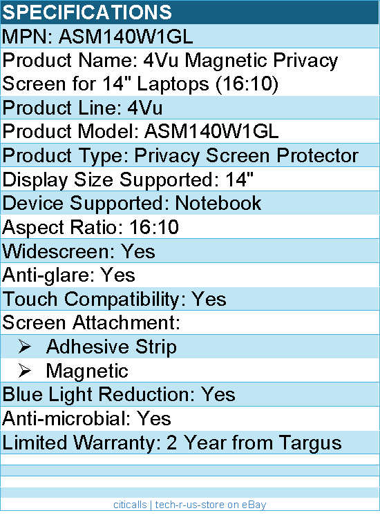 Targus ASM140W1GL 4Vu Magnetic Privacy Screen for 14" Laptops (16:10)