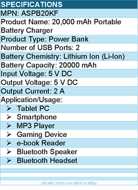 Aluratek ASPB20KF 20,000 mAh Portable Battery Charger - Power Bank