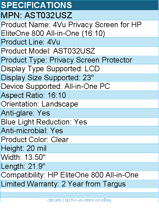 Targus AST032USZ 4Vu Privacy Screen for HP EliteOne 800 All-in-One (16:10) Clear
