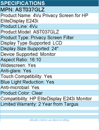 Targus AST037GLZ 4Vu Privacy Screen for HP EliteDisplay E243i - TAA Compliant