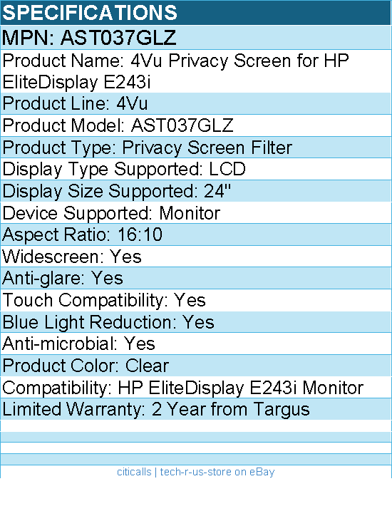 Targus AST037GLZ 4Vu Privacy Screen for HP EliteDisplay E243i - TAA Compliant