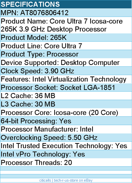 Intel AT8076806412 Core Ultra 7 265K Icosa-core (20 Core) 3.90 GHz Processor