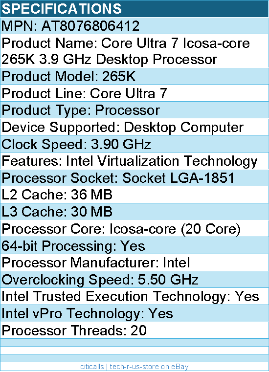 Intel AT8076806412 Core Ultra 7 265K Icosa-core (20 Core) 3.90 GHz Processor