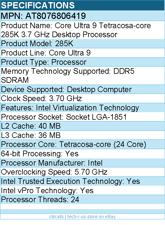 Intel AT8076806419 Core Ultra 9 285K Tetracosa-core (24 Core) 3.70 GHz Processor