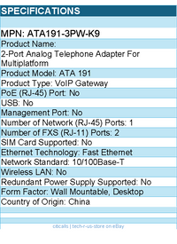 Cisco ATA191-3PW-K9 2-Port Analog Telephone Adapter for Multiplatform