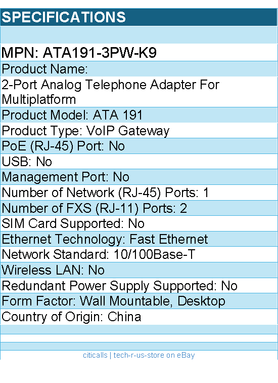 Cisco ATA191-3PW-K9 2-Port Analog Telephone Adapter for Multiplatform