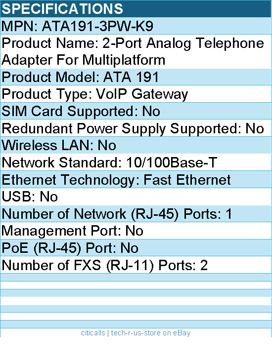 Cisco ATA191-3PW-K9 2-Port Analog Telephone Adapter For Multiplatform