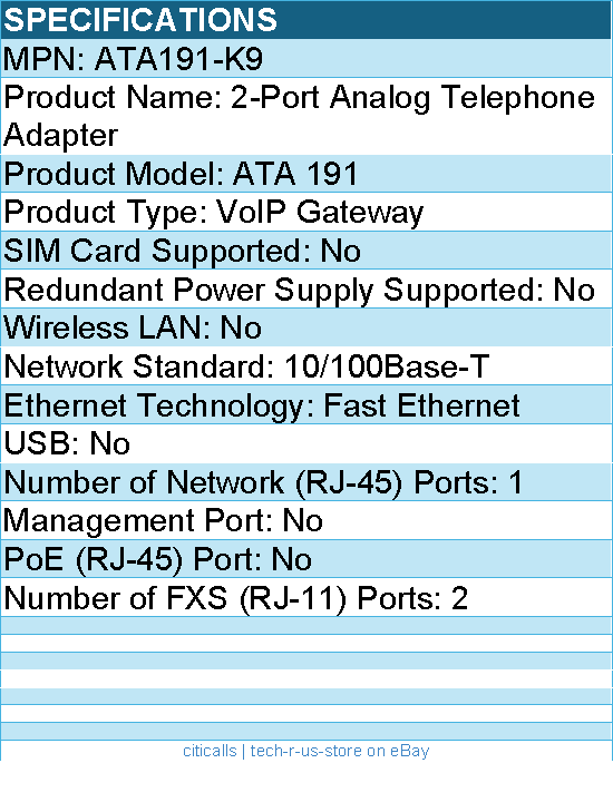 Cisco ATA191-K9 2-Port Analog Telephone Adapter - Wall Mountable