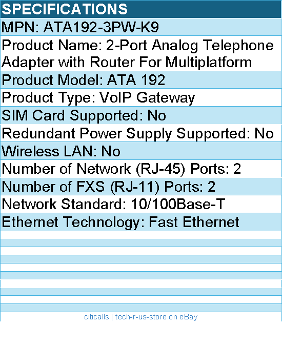 Cisco ATA192-3PW-K9 2-Port Analog Telephone Adapter w Router For Multiplatform