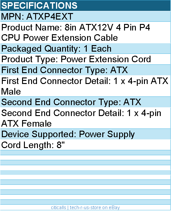 StarTech ATXP4EXT 8in ATX12V 4 Pin P4 CPU Power Extension