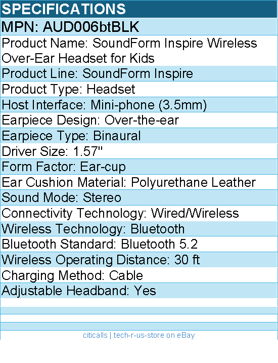 Belkin AUD006BTBLK Wireless Over-Ear Headset - Black for Kids with Mic