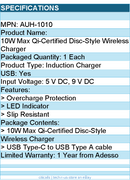Adesso AUH-1010 10W Max Qi-Certified Disc-Style Wireless Charger