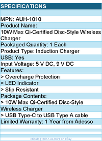 Adesso AUH-1010 10W Max Qi-Certified Disc-Style Wireless Charger