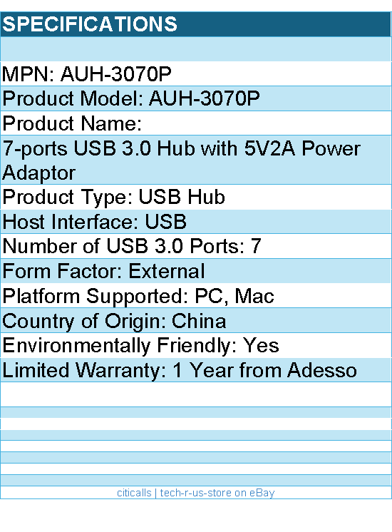 Adesso AUH-3070P 7-ports USB 3.0 Hub with 5V2A Power Adaptor