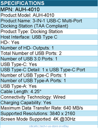 Adesso AUH-4010 3-IN-1 USB-C Multi-Port Docking Station (TAA Compliant)