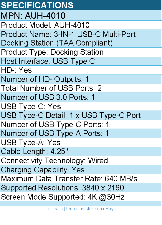 Adesso AUH-4010 3-IN-1 USB-C Multi-Port Docking Station (TAA Compliant)