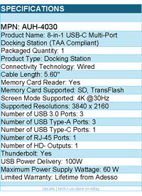Adesso AUH-4030 8-in-1 USB-C Multi-Port Docking Station (TAA Compliant)