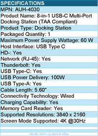 Adesso AUH-4030 8-in-1 USB-C Multi-Port Docking Station (TAA Compliant) - Wired