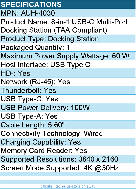 Adesso AUH-4030 8-in-1 USB-C Multi-Port Docking Station (TAA Compliant) - Wired