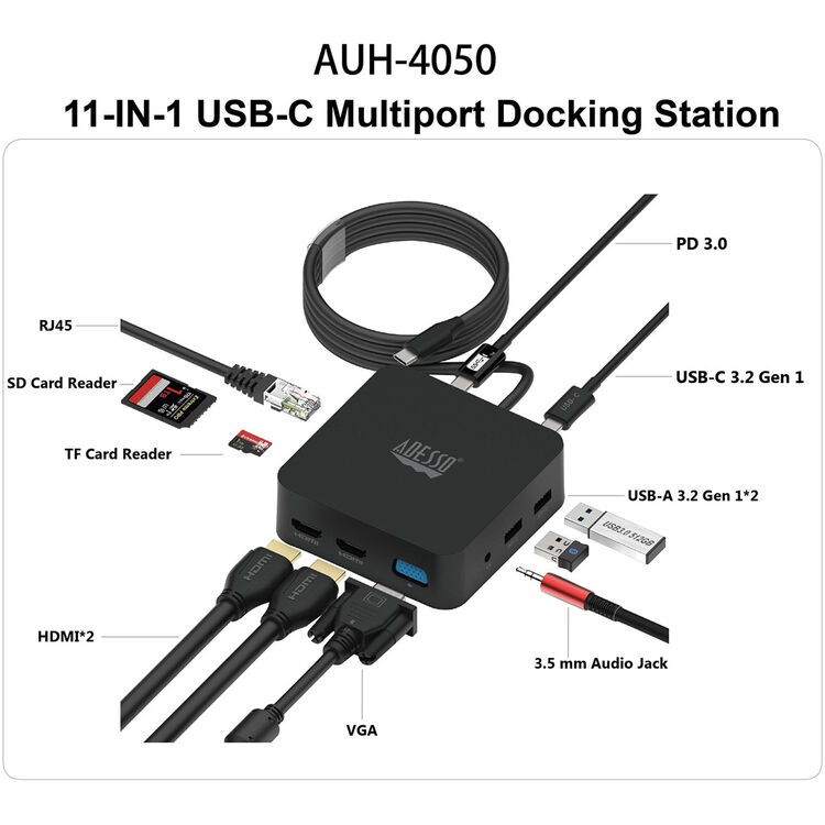 Adesso AUH-4050 11 in 1 USB-C Multiport Docking Station(TAA Compliant)
