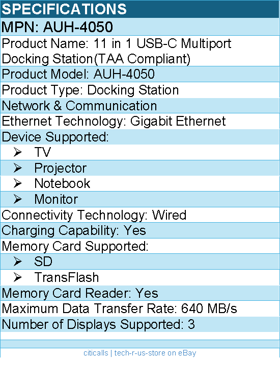 Adesso AUH-4050 11 in 1 USB-C Multiport Docking Station(TAA Compliant)