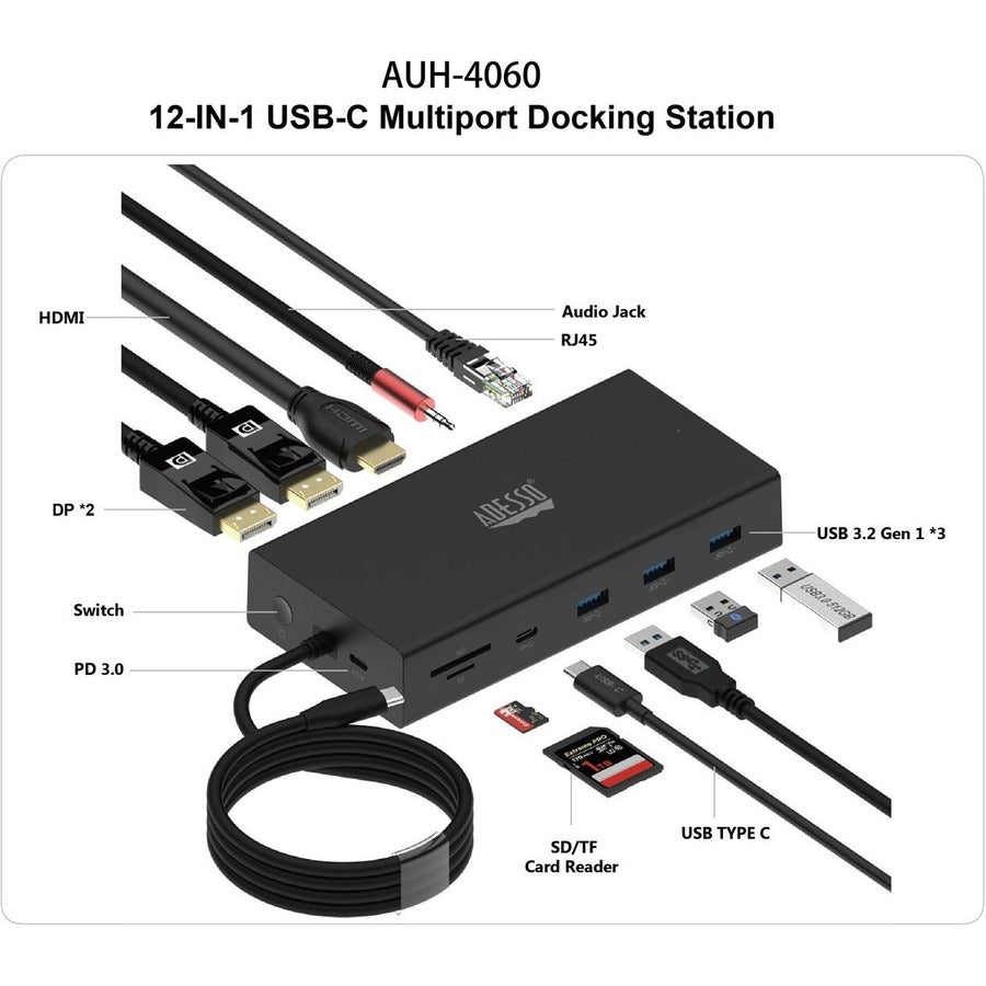 Adesso AUH-4060 12-in-1 USB-C Multi-Port Docking Station (TAA Compliant)