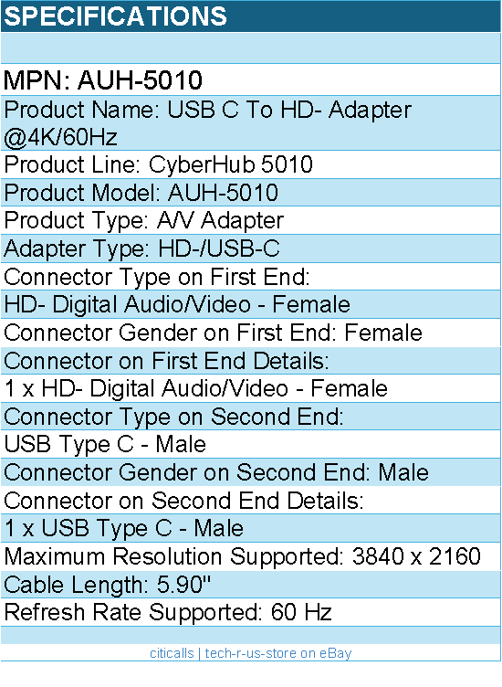 Adesso AUH-5010 USB C To Video Adapter @4K/60Hz - 3840 x 2160 Supported