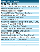 Adesso AUH-5020 USB-C to Dual Video Adapter - Lightweight, Plug and Play