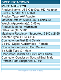 Adesso AUH-5020 USB-C to Dual Video Adapter - Lightweight, Plug and Play
