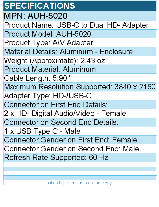 Adesso AUH-5020 USB-C to Dual Video Adapter - Lightweight, Plug and Play