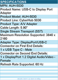 Adesso AUH-5030 USB-C to Display Port Adapter - Plug and Play