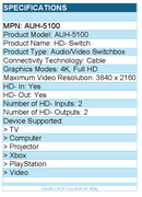 Adesso AUH-5100 Video Switch - 3840 x 2160 - 4K, Full HD - Black