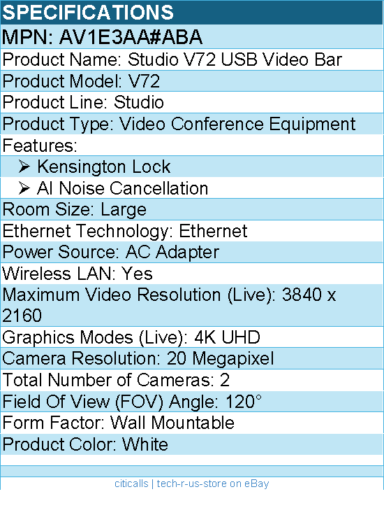 HP Poly AV1E3AA#ABA Studio V72 USB Video Bar - Video Conference Equipment