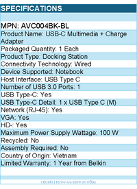 Belkin AVC004BK-BL USB-C Multiport Adapter, USB-C to Video - USB A 3.0