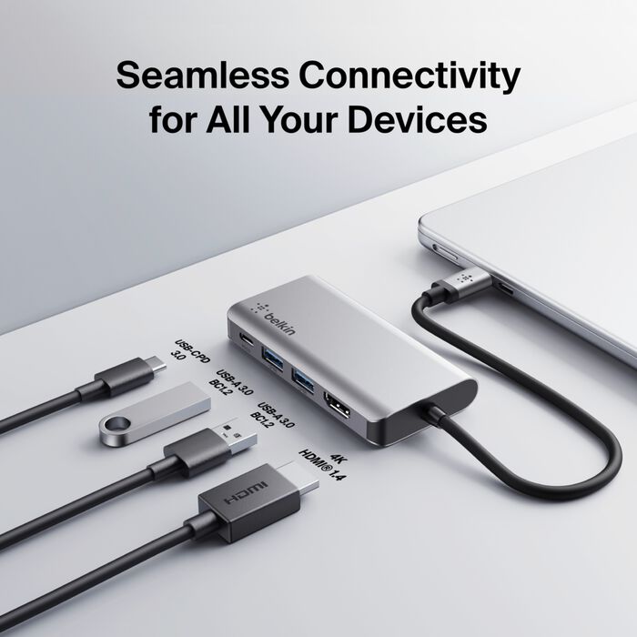 Belkin AVC006BTSGY USB-C 4-in-1 Multiport Adapter, Laptop Docking Station