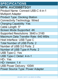 Belkin AVC006btSGY USB-C 4-in-1 Multiport Adapter, Laptop Docking Station