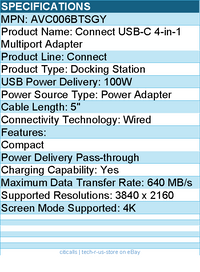 Belkin AVC006BTSGY USB-C 4-in-1 Multiport Adapter, Laptop Docking Station