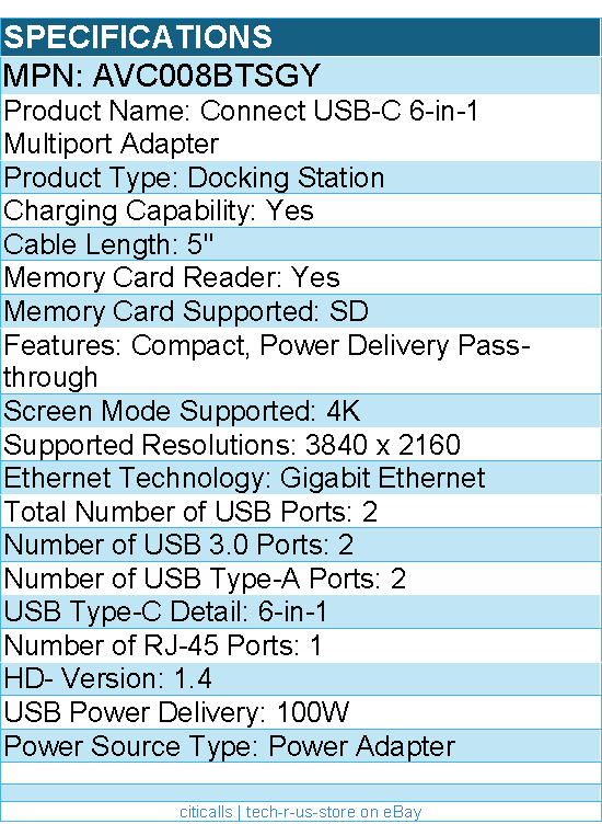 Belkin AVC008btSGY USB-C 6-in-1 Multiport Adapter, Laptop Docking Station