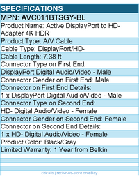 Belkin AVC011btSGY-BL Active DisplayPort to Video Adapter 4K HDR