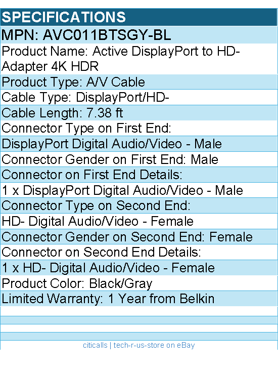 Belkin AVC011btSGY-BL Active DisplayPort to Video Adapter 4K HDR