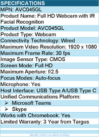 Targus AVC045GL Full HD Webcam - Auto-focus with IR Facial Recognition
