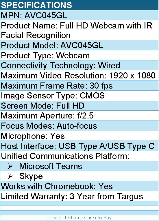 Targus AVC045GL Full HD Webcam - Auto-focus with IR Facial Recognition