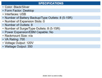 Eaton AVR700U UPS 700VA 350W Line-Interactive UPS 8 NEMA 5-15R Outlets AVR 120V