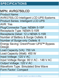 CyberPower AVRG750LCD Intelligent LCD UPS Systems - 750VA/450W, 120 VAC