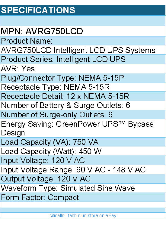 CyberPower AVRG750LCD Intelligent LCD UPS Systems - 750VA/450W, 120 VAC